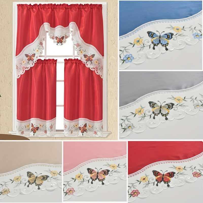 1 SET 3pcs/set Polyester plain fabric with beige floral lace, machine- pink blue gray burgundy butterfly pattern curtains, suitable for home decoration, bathroom, living room, bedroom, kitchen, outdoor decor, villa, wedding,